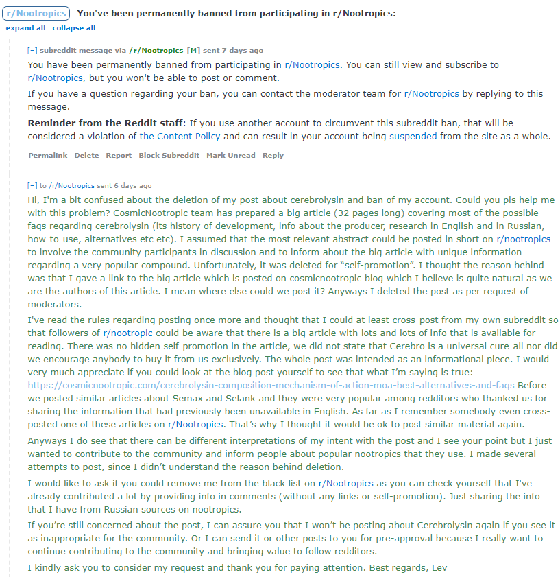 Screenshot from the correspondence with moderators of r/Nootropics